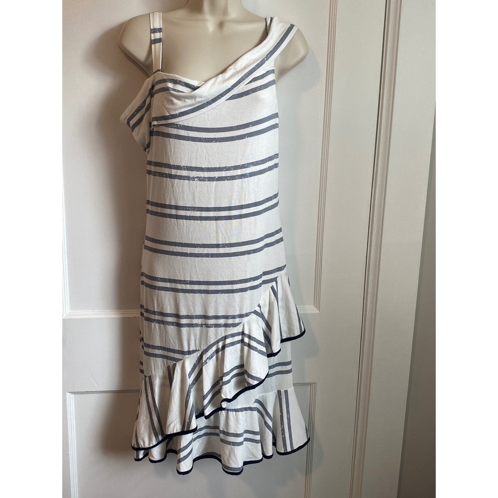 Venus Women White Black Striped Cold Shoulder Ruffle Hem Sun Dress Medium